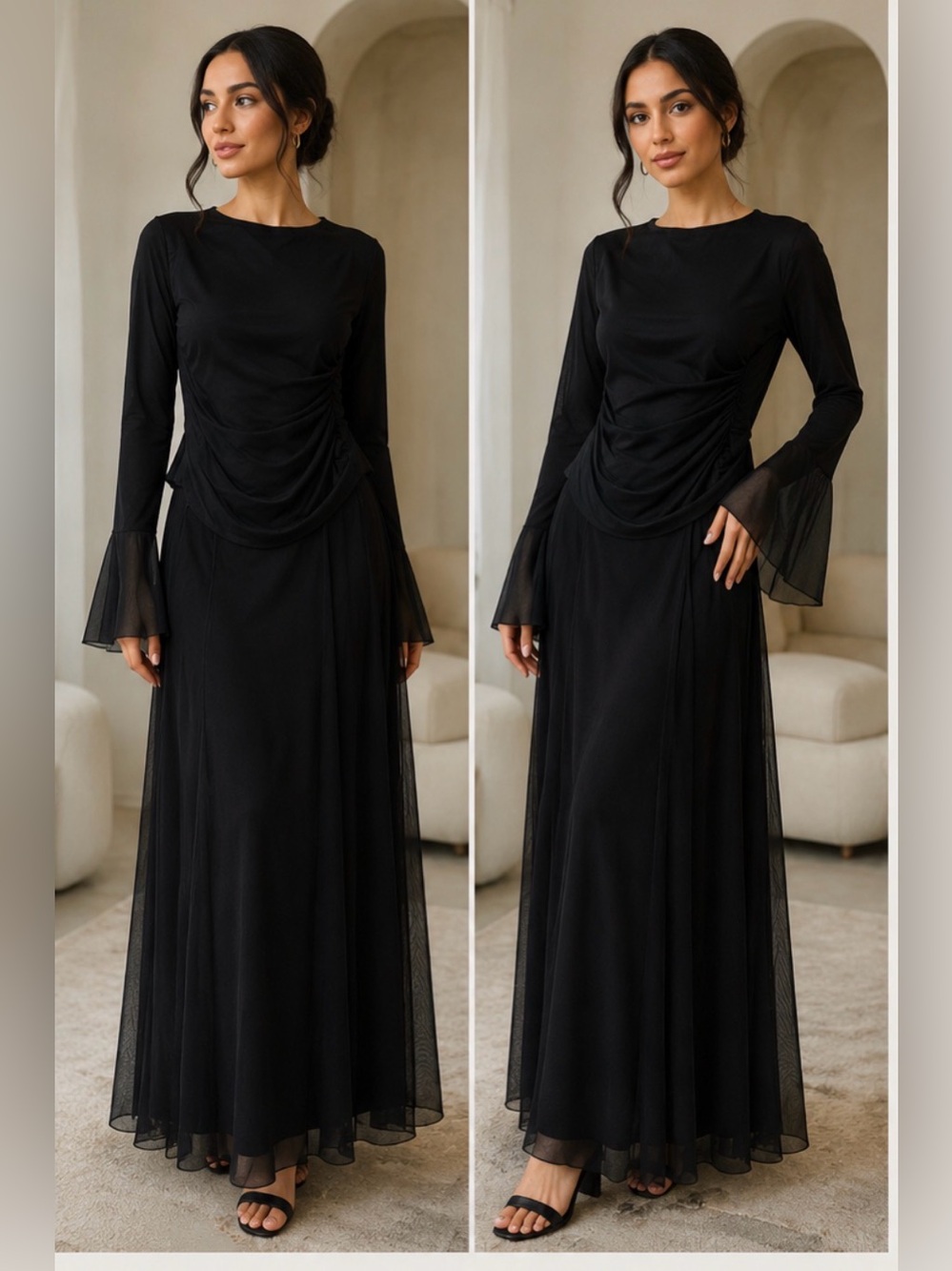 Veiled Black Mesh Bell Sleeve Top & Maxi Skirt Set Size S